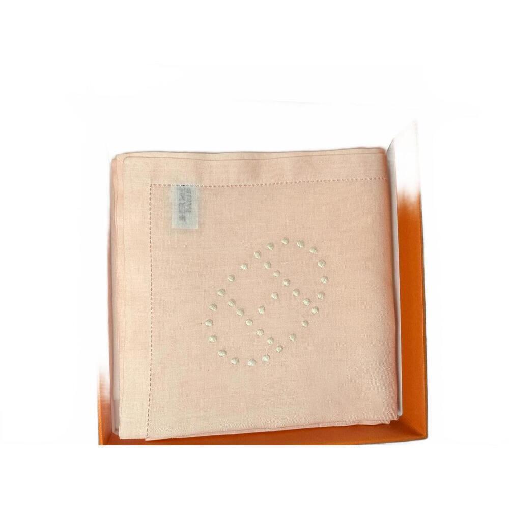 New in box, Hermès Light Pink/Peach Evelyn Embroidered Logo Cotton Handkerchief